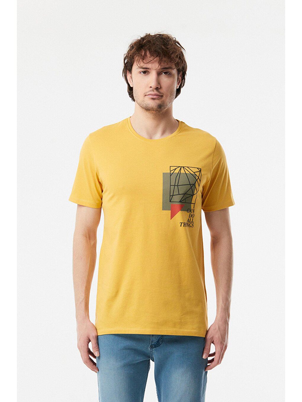 Sarı Baskılı Bisiklet Yaka Tişört-4