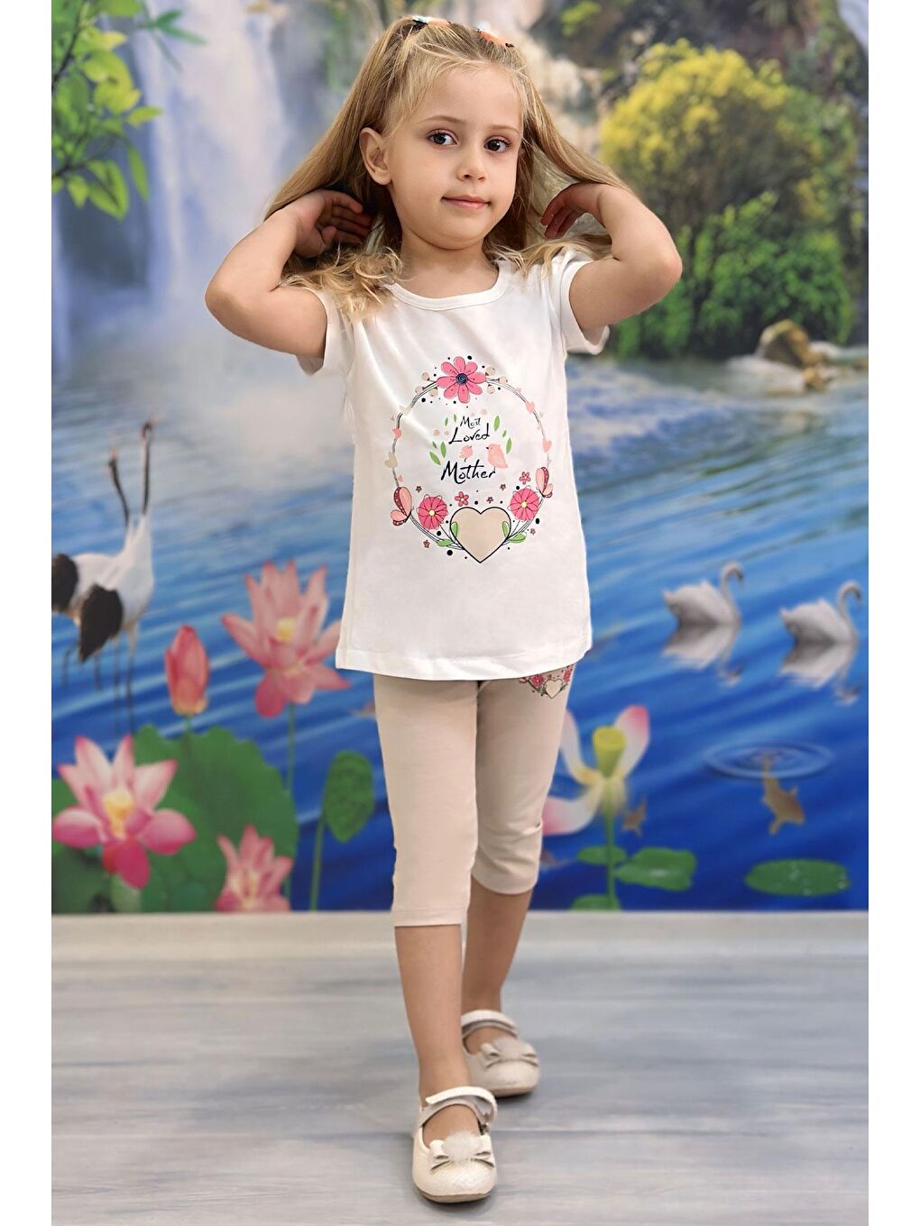 Kız Çocuk Kapri Taytlı Takım Anne Sevgisi Temalı Çiçek Baskılı Ekru (1.5-3 Yaş)-1