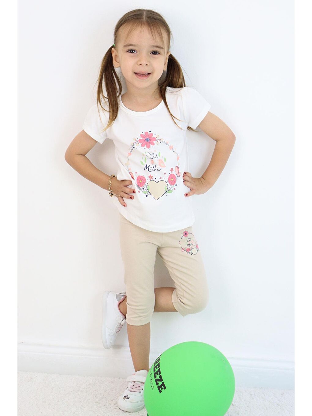 Kız Çocuk Kapri Taytlı Takım Anne Sevgisi Temalı Çiçek Baskılı Ekru (1.5-3 Yaş)-2