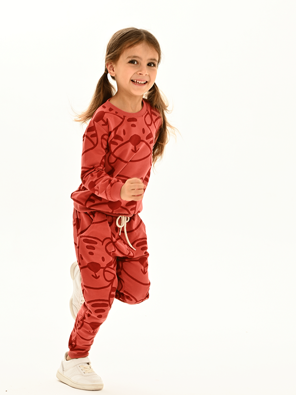 Kırmızı Bisiklet Yaka Baskılı Kız Bebek Sweatshirt ve Eşofman Alt 2'li-3