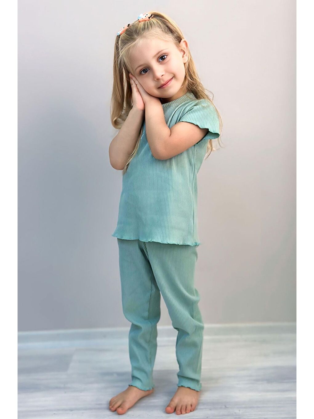 Kız Çocuk Taytlı Takım Simli Yazı Baskılı Mint Yeşili (1.5-4 Yaş)
