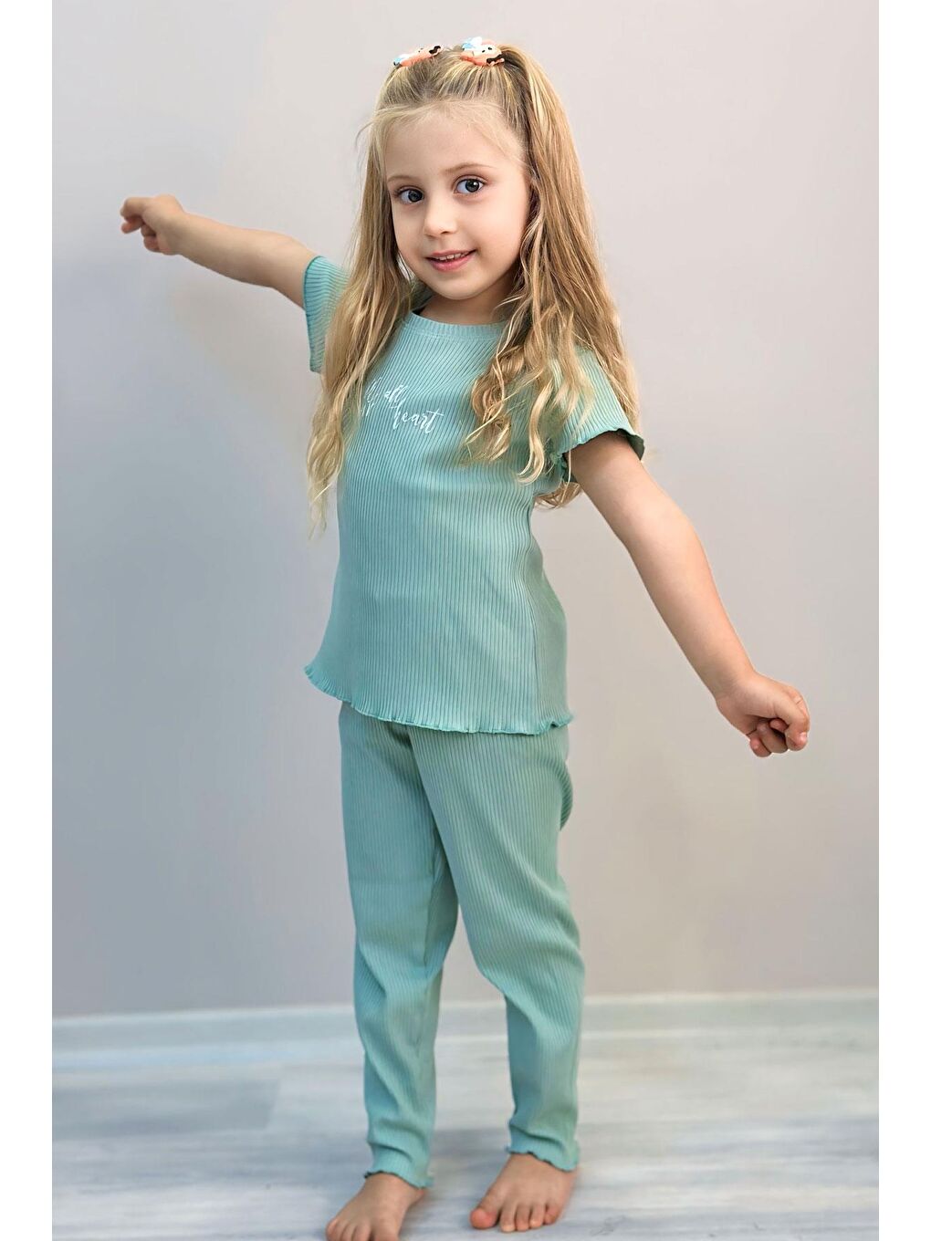 Kız Çocuk Taytlı Takım Simli Yazı Baskılı Mint Yeşili (1.5-4 Yaş)-1