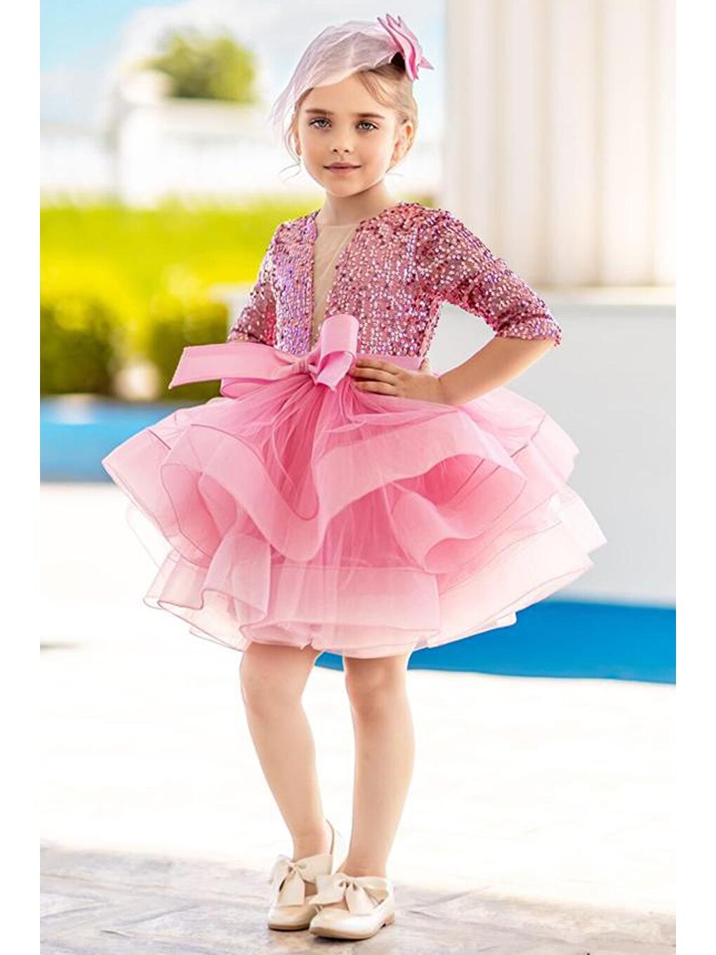 Kız Çocuk Yarım Kollu Eteği Kabarık Tütülü Pulpayet Pembe Abiye