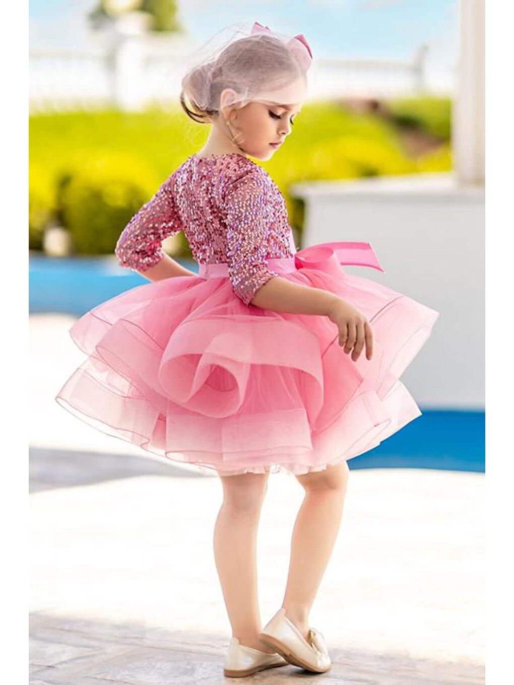 Kız Çocuk Yarım Kollu Eteği Kabarık Tütülü Pulpayet Pembe Abiye-2