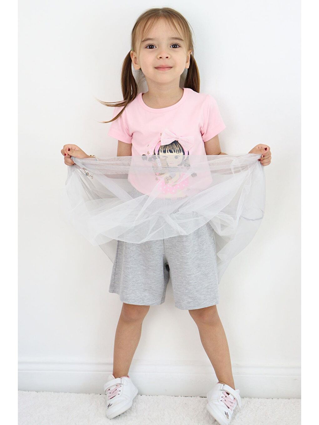Kız Çocuk Şort Etek İkili Takım Hayvan Sevgisi Temalı Kız Baskılı Fiyonk Aksesuarlı Pembe (2-6 Yaş)-1