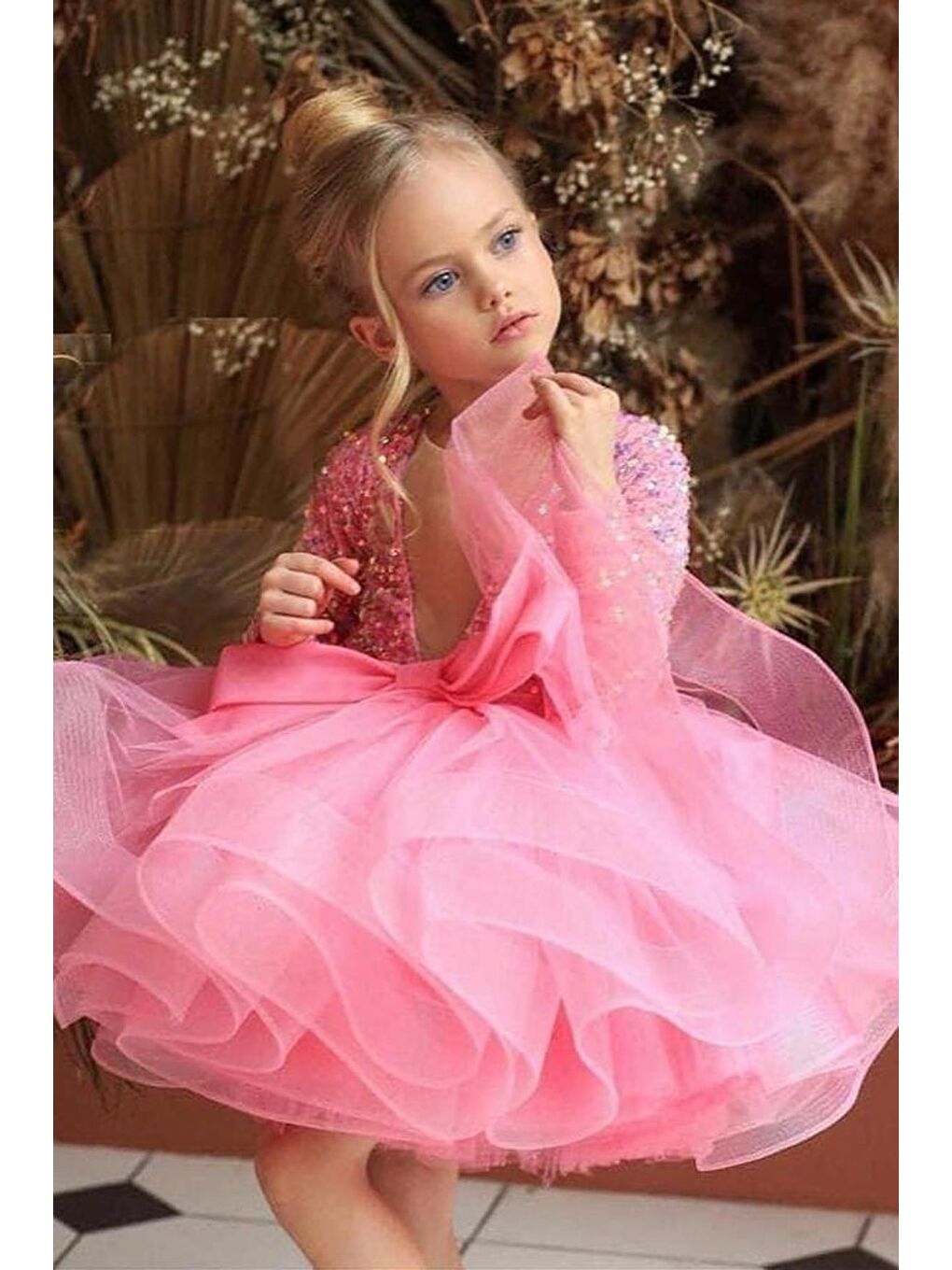 Kız Çocuk Yarım Kollu Eteği Kabarık Tütülü Pulpayet Pembe Abiye-3