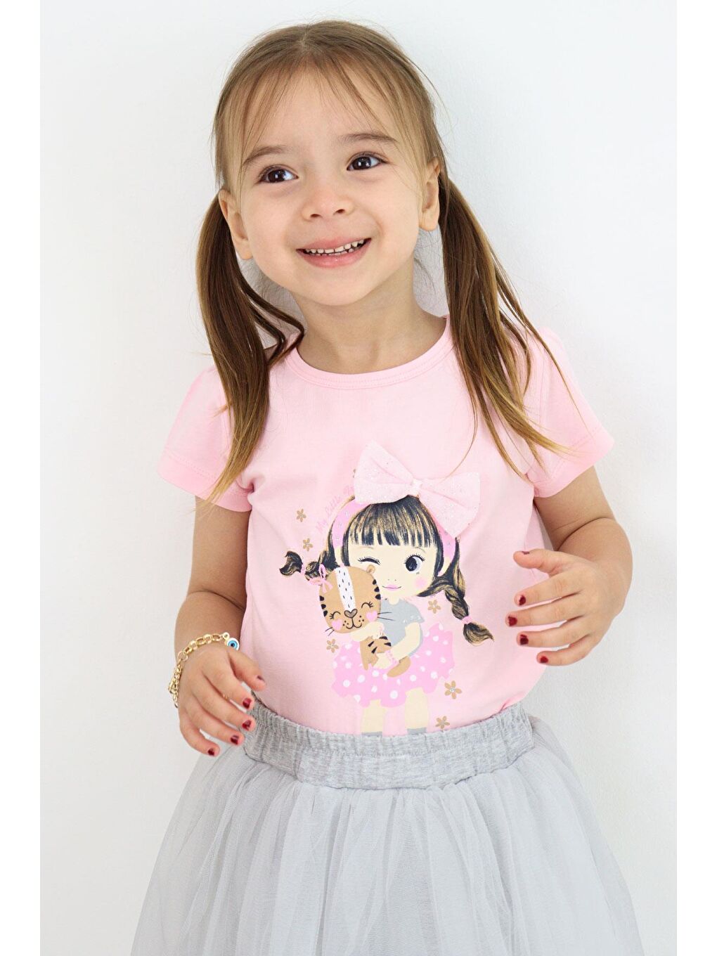 Kız Çocuk Şort Etek İkili Takım Hayvan Sevgisi Temalı Kız Baskılı Fiyonk Aksesuarlı Pembe (2-6 Yaş)-3