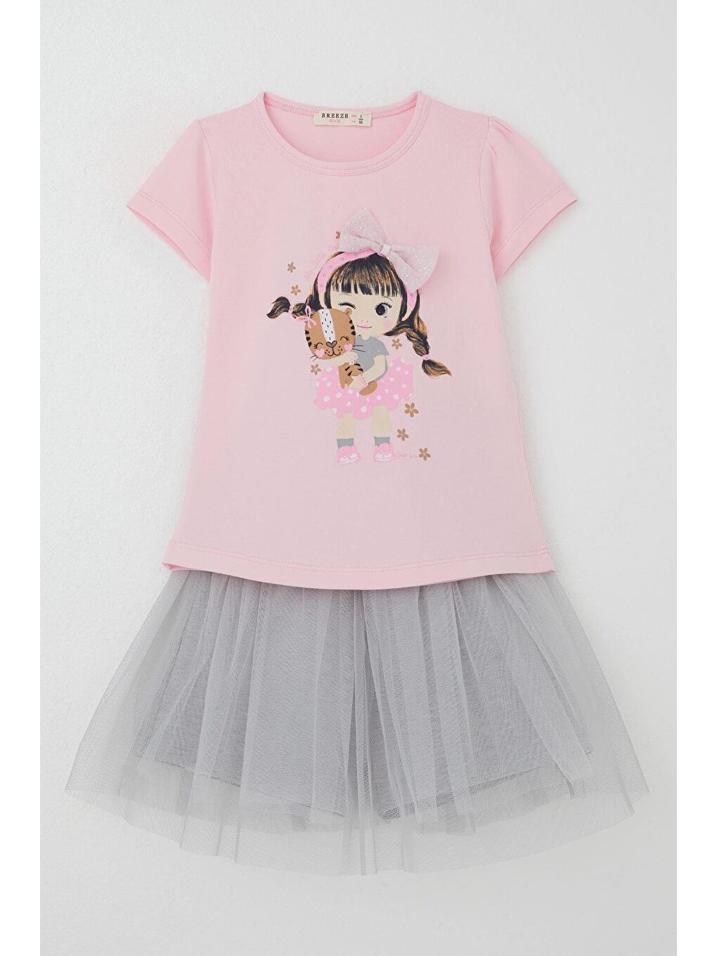 Kız Çocuk Şort Etek İkili Takım Hayvan Sevgisi Temalı Kız Baskılı Fiyonk Aksesuarlı Pembe (2-6 Yaş)-4