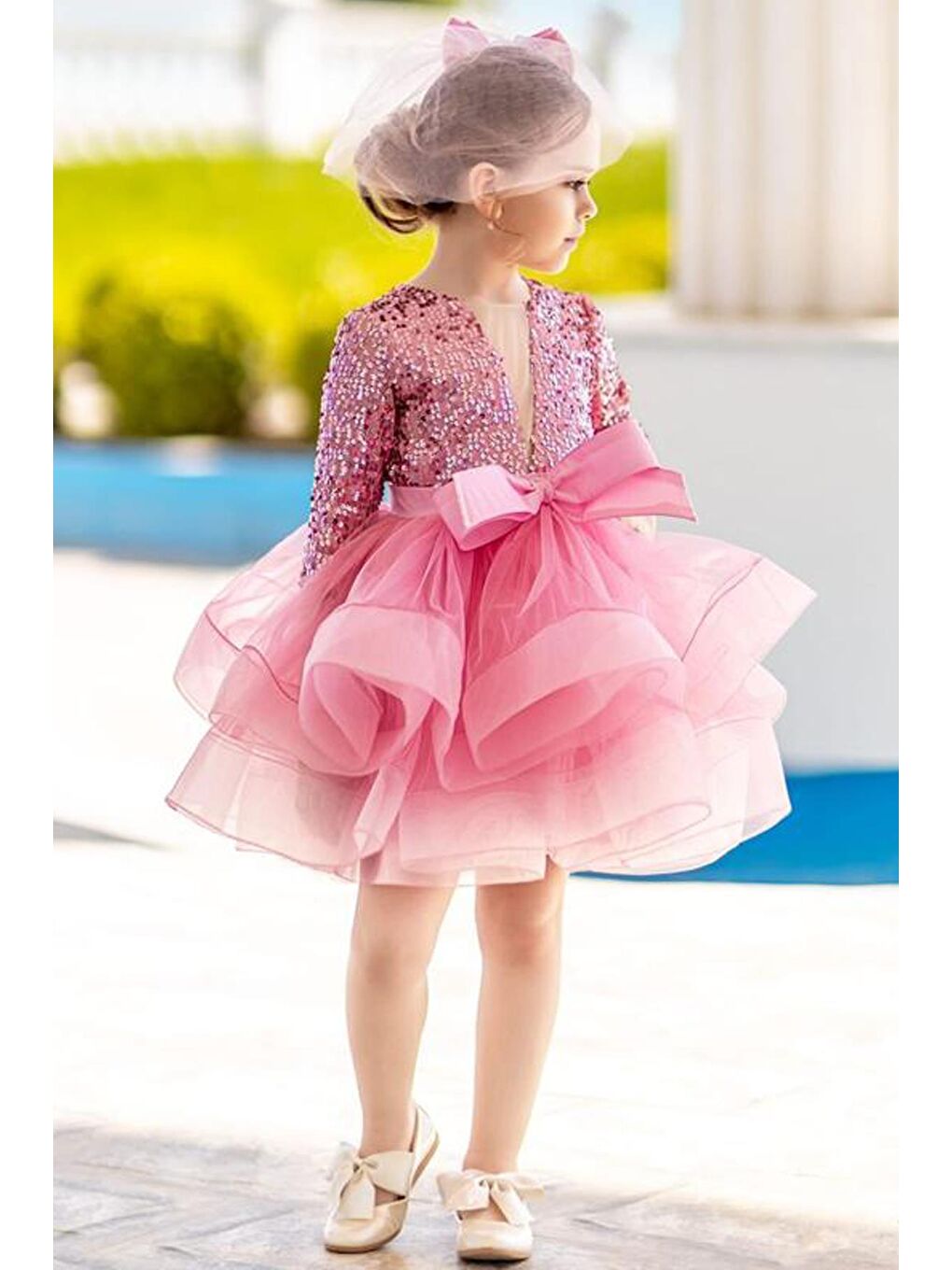 Kız Çocuk Yarım Kollu Eteği Kabarık Tütülü Pulpayet Pembe Abiye-4