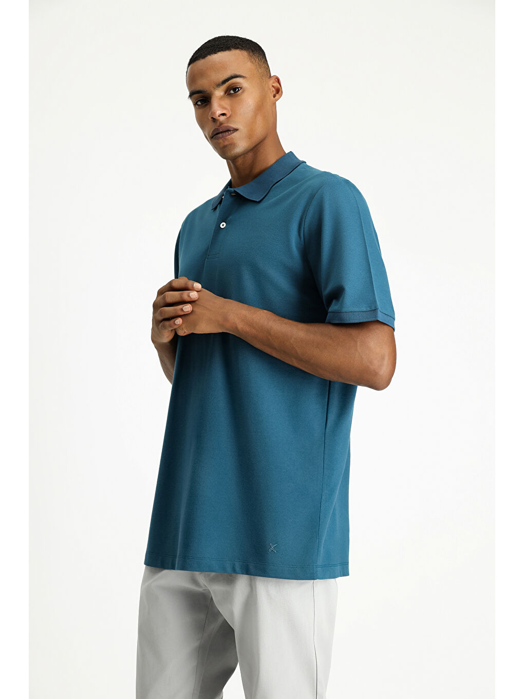 Petrol Polo Yaka Regular Fit Nakışlı Pamuk Tişört-4