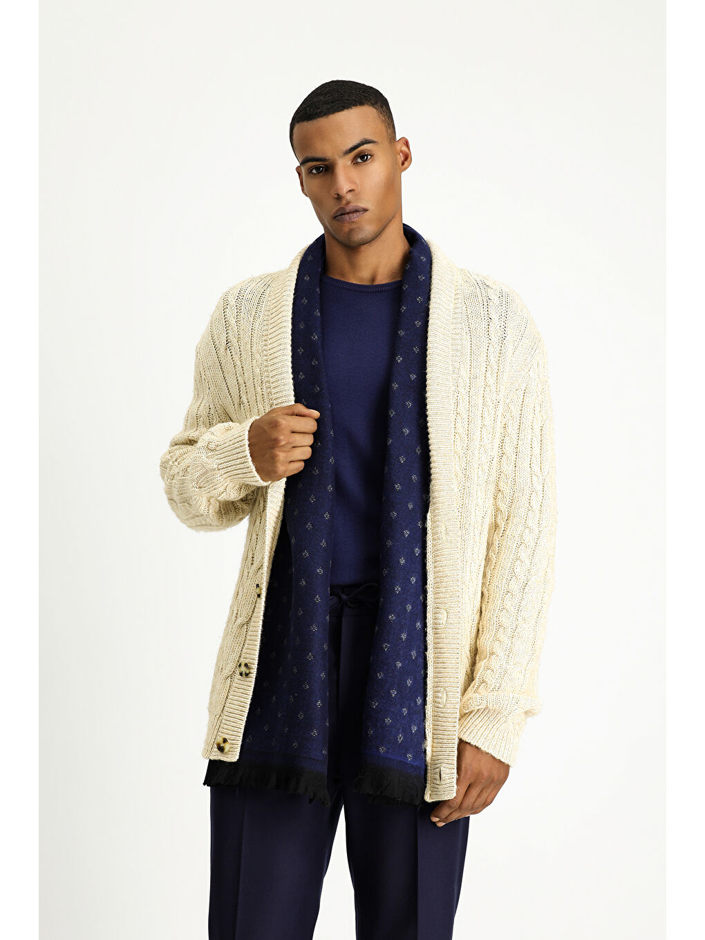 Bej Desenli Yünlü Triko Hırka-4