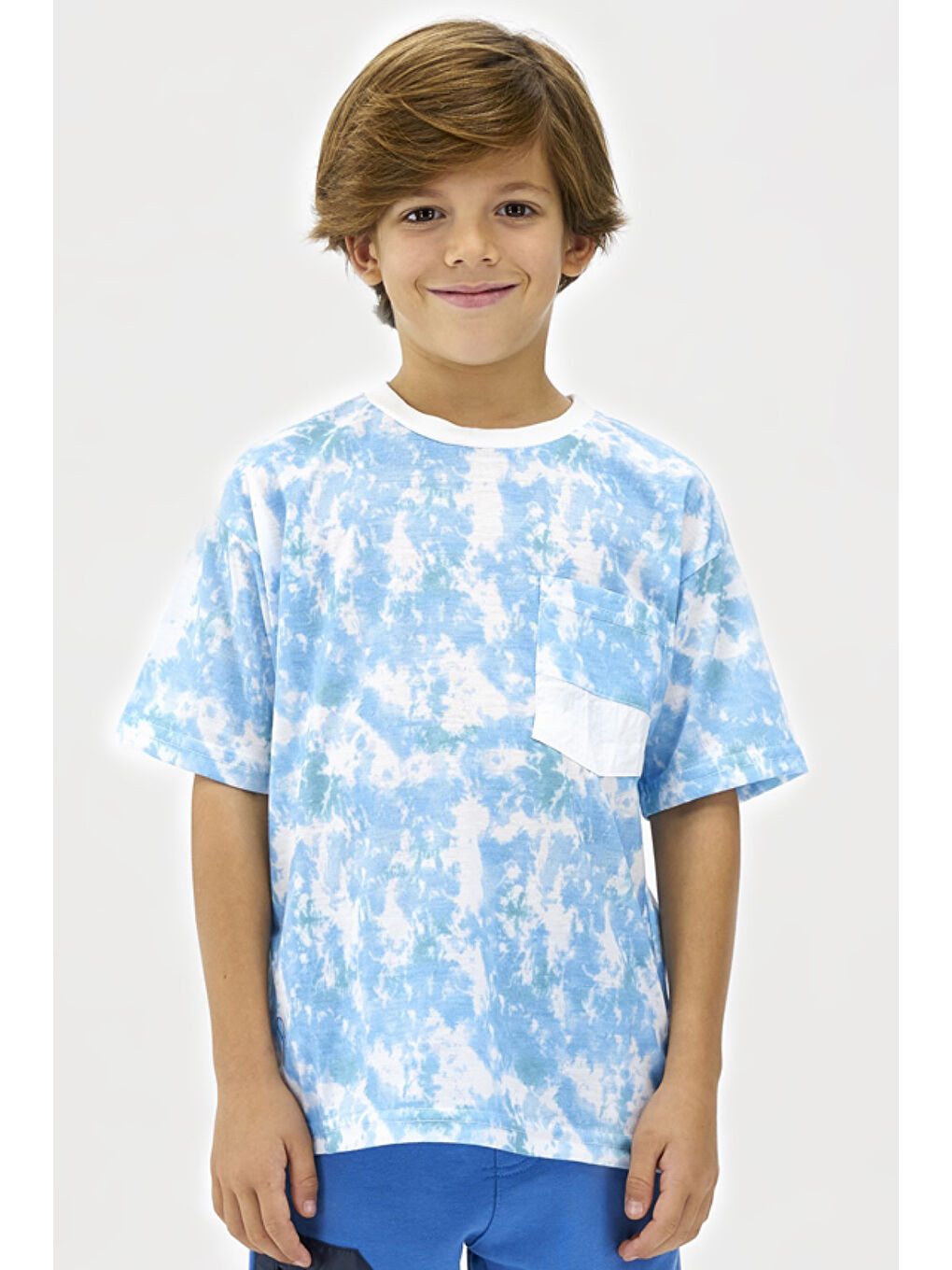 Erkek Çocuk Baskılı Cep Detaylı Mavi Tişört-1