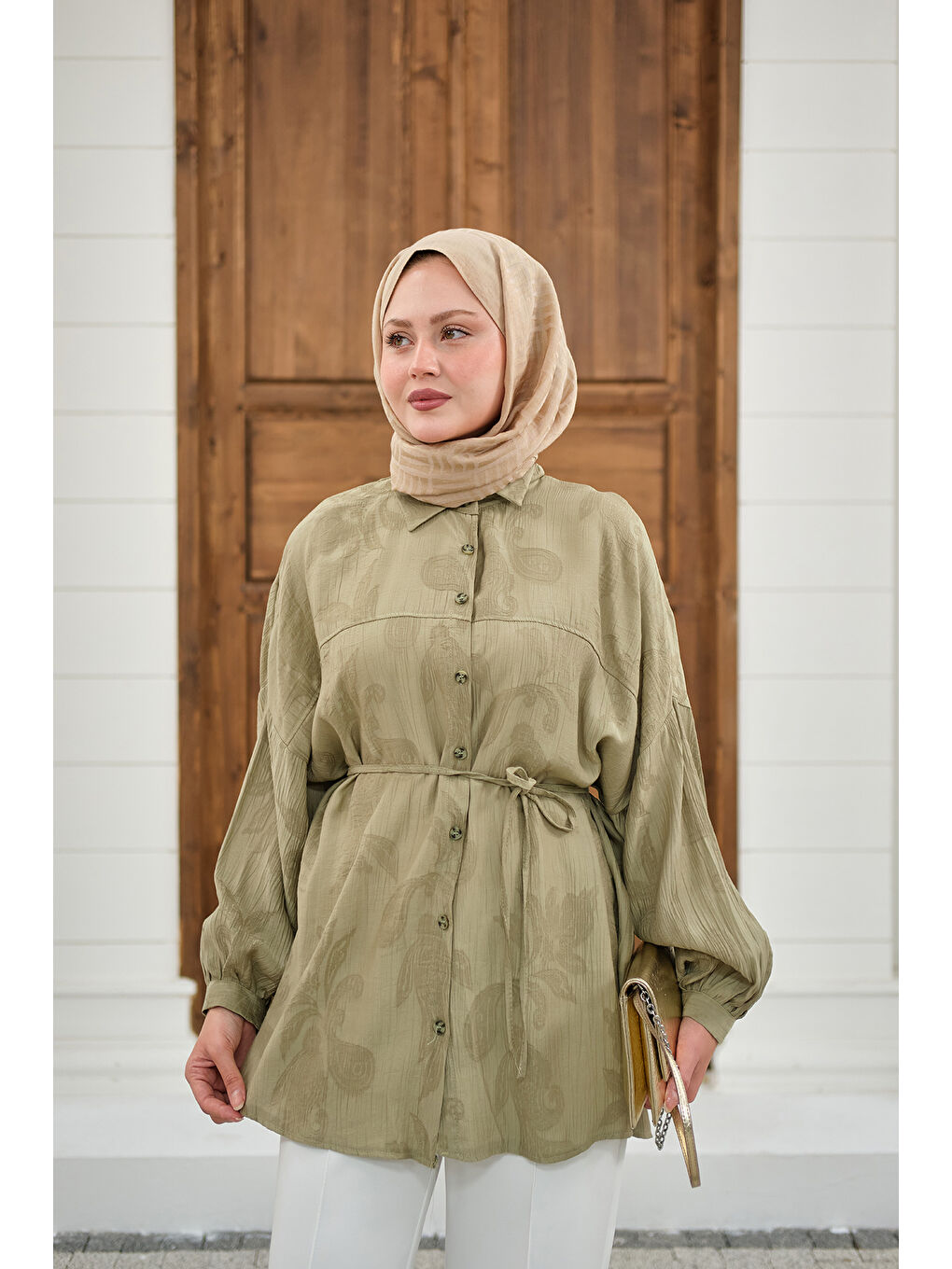 Kadın Yaprak Desen Bel Bağlamalı Gömlek Yeşil-1