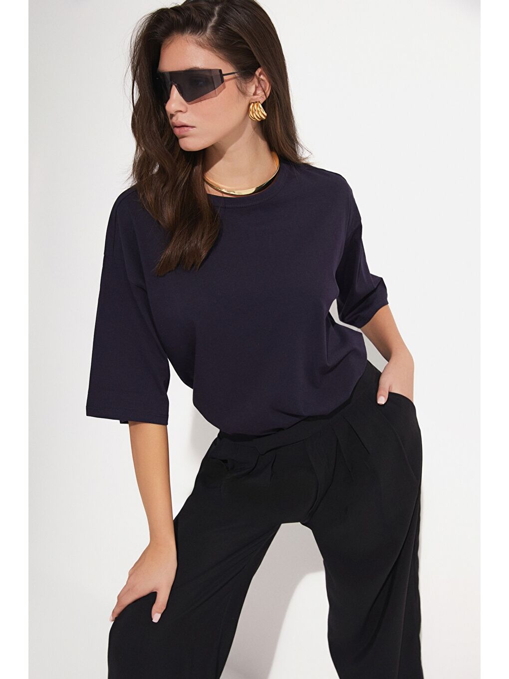 Lacivert Bol Kesim %100 Pamuk Tişört-4