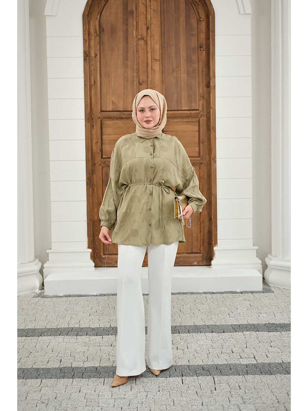 Kadın Yaprak Desen Bel Bağlamalı Gömlek Yeşil-2