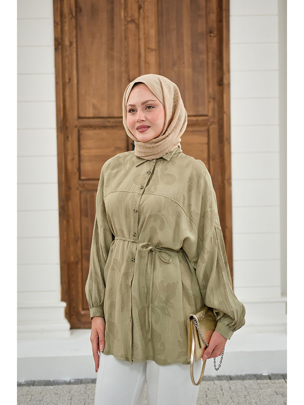 Kadın Yaprak Desen Bel Bağlamalı Gömlek Yeşil-3