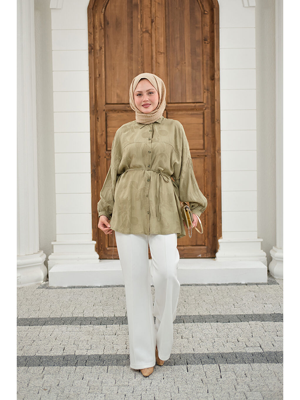 Kadın Yaprak Desen Bel Bağlamalı Gömlek Yeşil-4