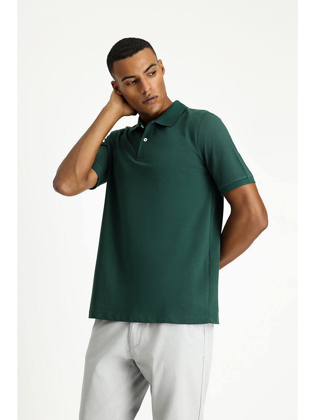 Yeşil Polo Yaka Regular Fit Nakışlı Pamuk %100 Pamuk Tişört-4