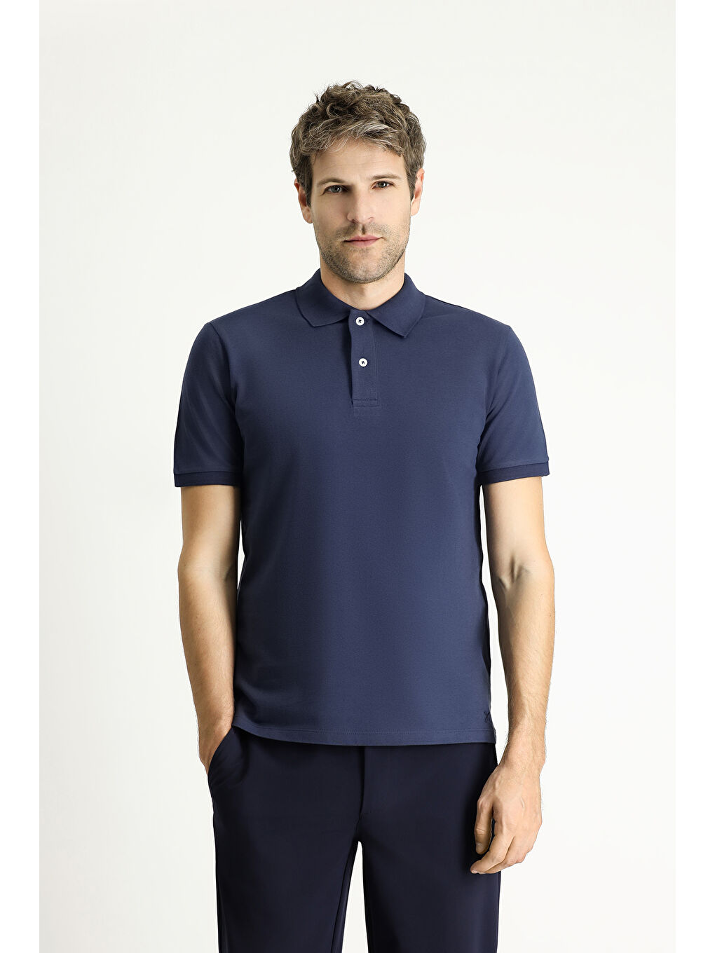 Lacivert Slim Fit Dar Kesim Nakışlı Pamuk Polo Yaka %100 Pamuk Tişört-2