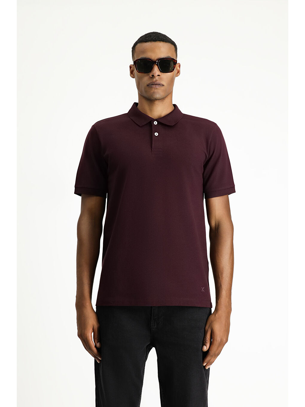 Bordo Polo Yaka Regular Fit Nakışlı Pamuk %100 Pamuk Tişört-4