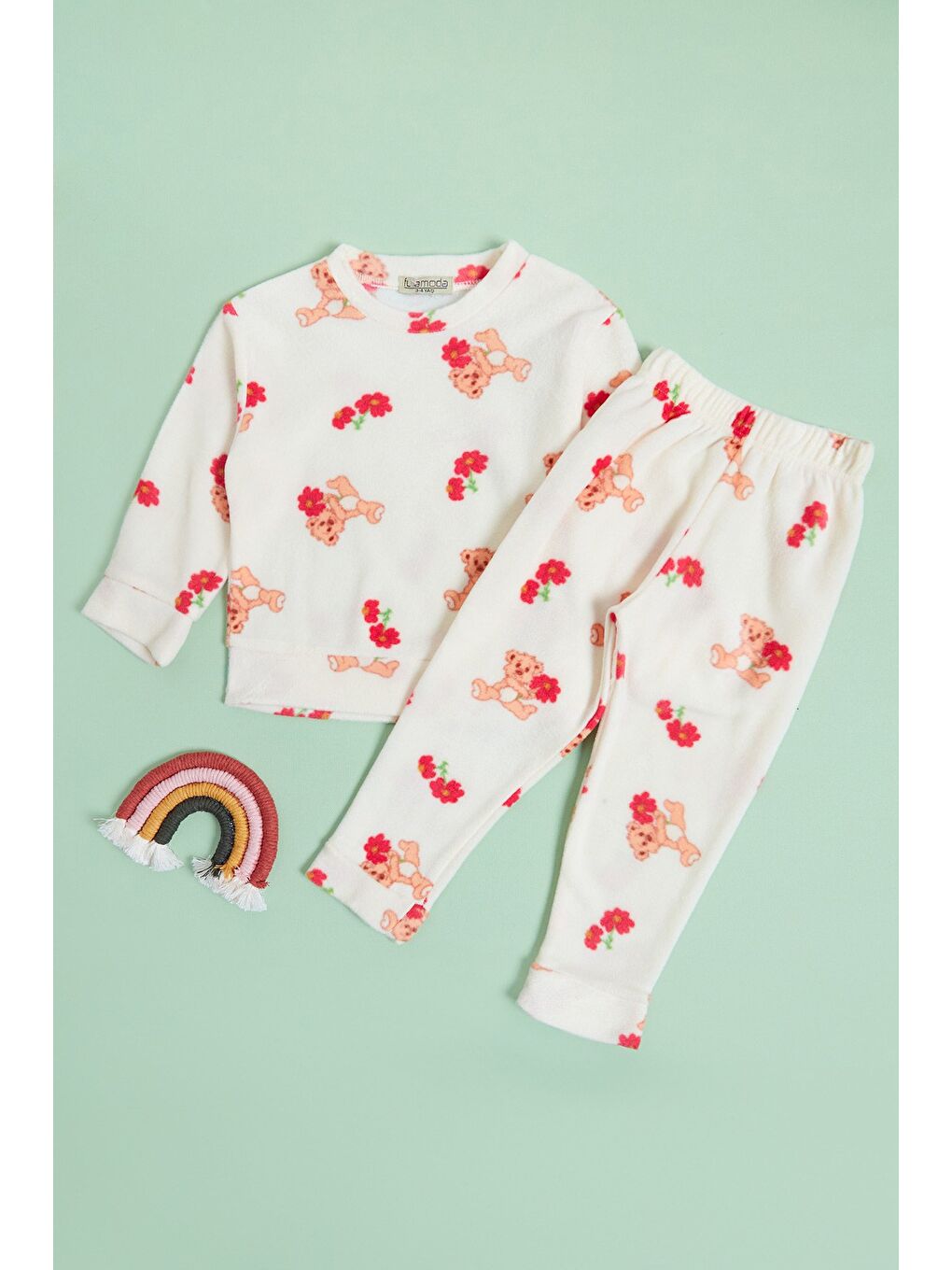 Ekru Ev Desenli Polar Unisex Çocuk Pijama Takımı-2