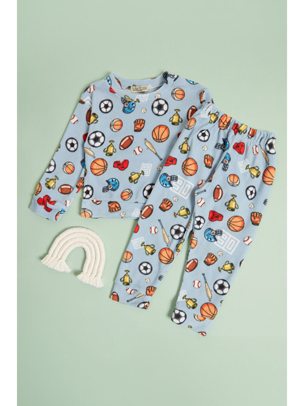 Mavi Kalp Desenli Polar Unisex Çocuk Pijama Takımı-2