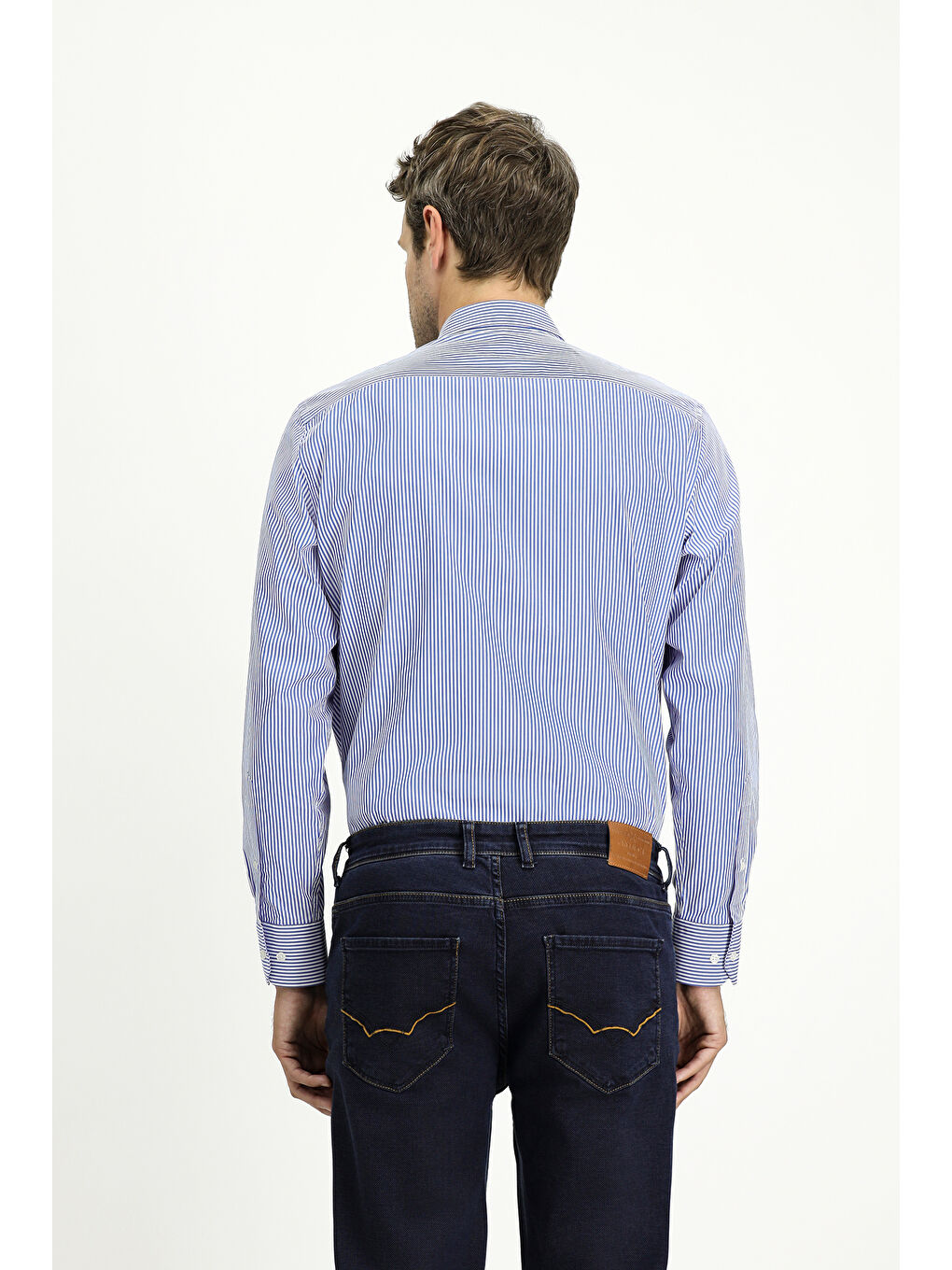 Lacivert Uzun Kol Klasik Çizgili Pamuk Gömlek-3