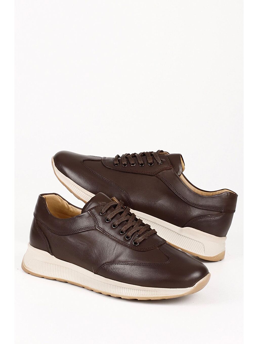 Kahverengi Hakiki Deri Yuvarlak Burun Bağcıklı Günlük Erkek Sneaker 01933