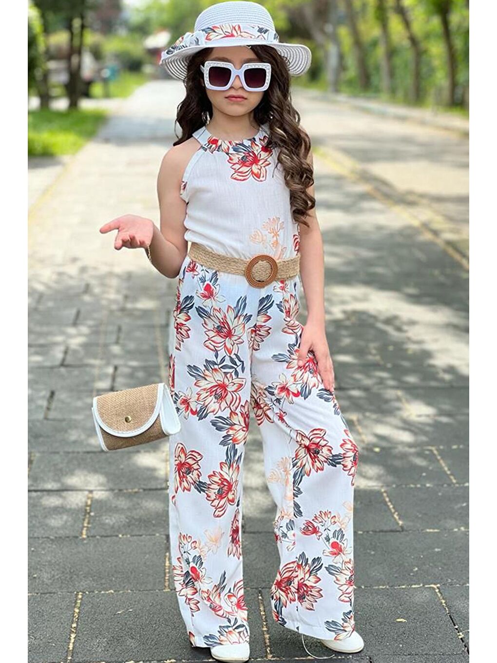 Kız Cocuk Çicek Desenli Omzu Açık Bisiklet Yakalı 4'lü Beyaz Tulum