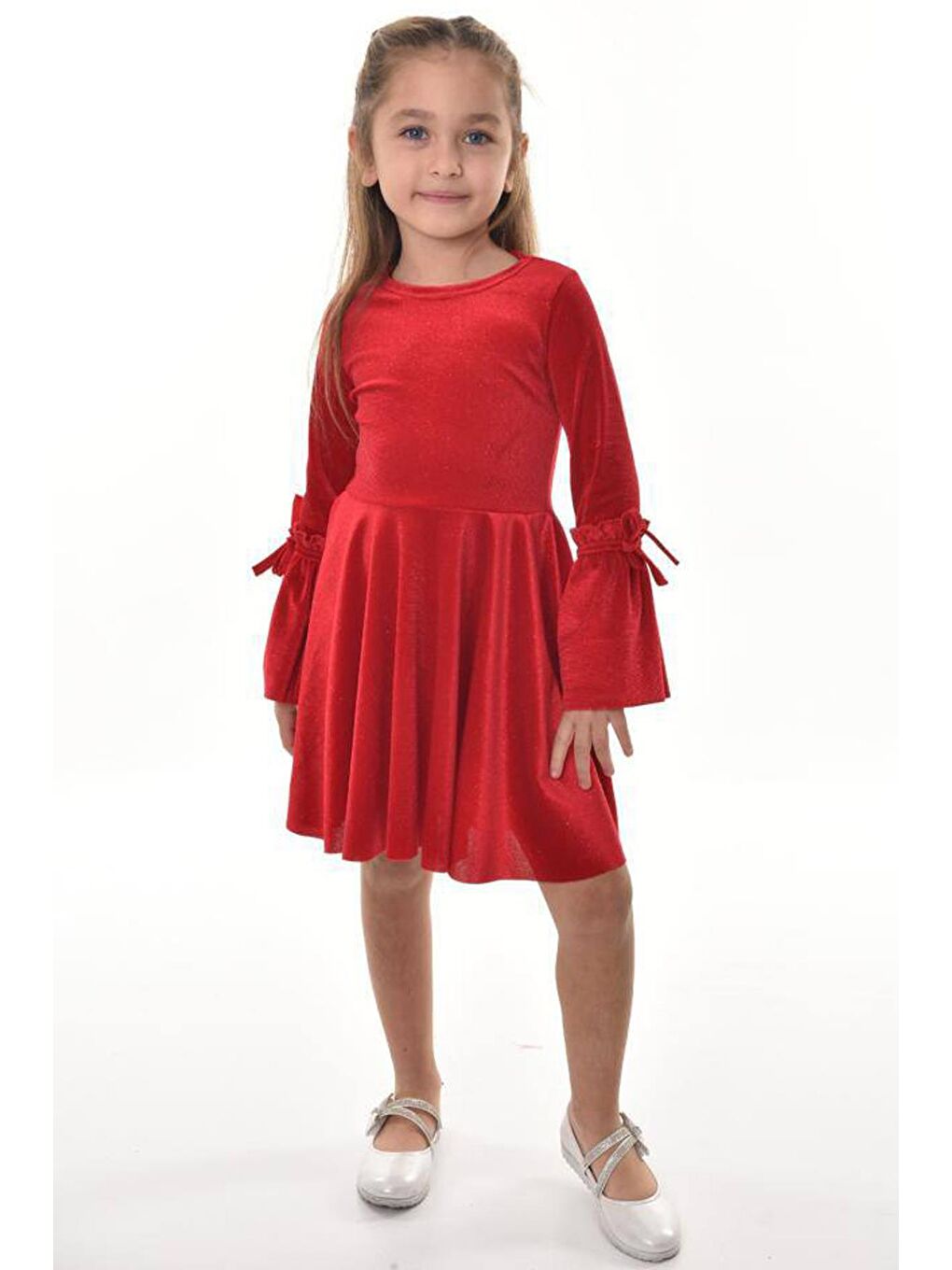 Kız Çocuk İspanyol Kollu İp Bağlamalı Simli Kırmızı Kadife Elbise 3-12Yaş-1