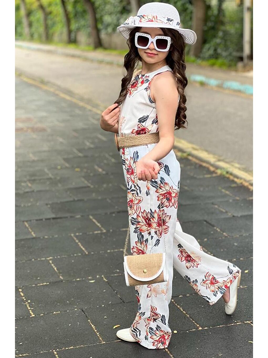 Kız Cocuk Çicek Desenli Omzu Açık Bisiklet Yakalı 4'lü Beyaz Tulum-2