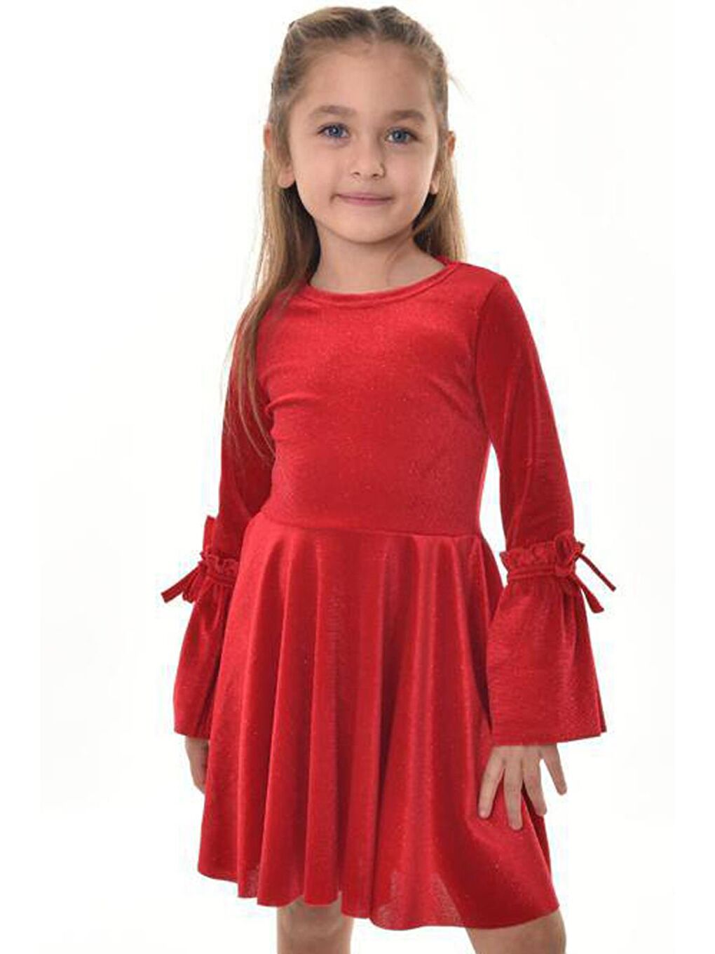 Kız Çocuk İspanyol Kollu İp Bağlamalı Simli Kırmızı Kadife Elbise 3-12Yaş-3
