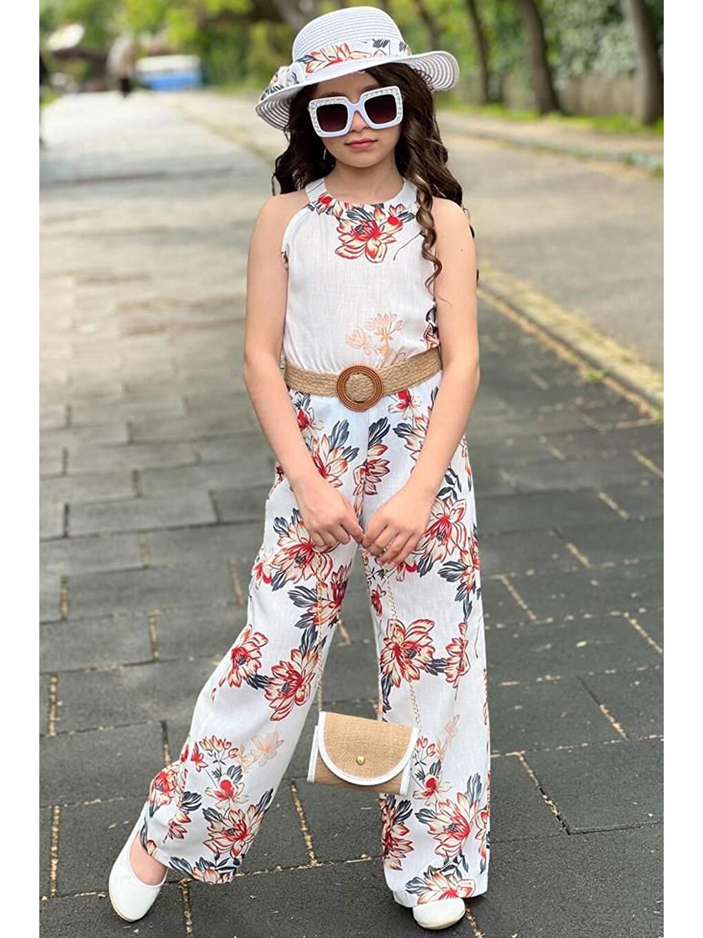 Kız Cocuk Çicek Desenli Omzu Açık Bisiklet Yakalı 4'lü Beyaz Tulum-4
