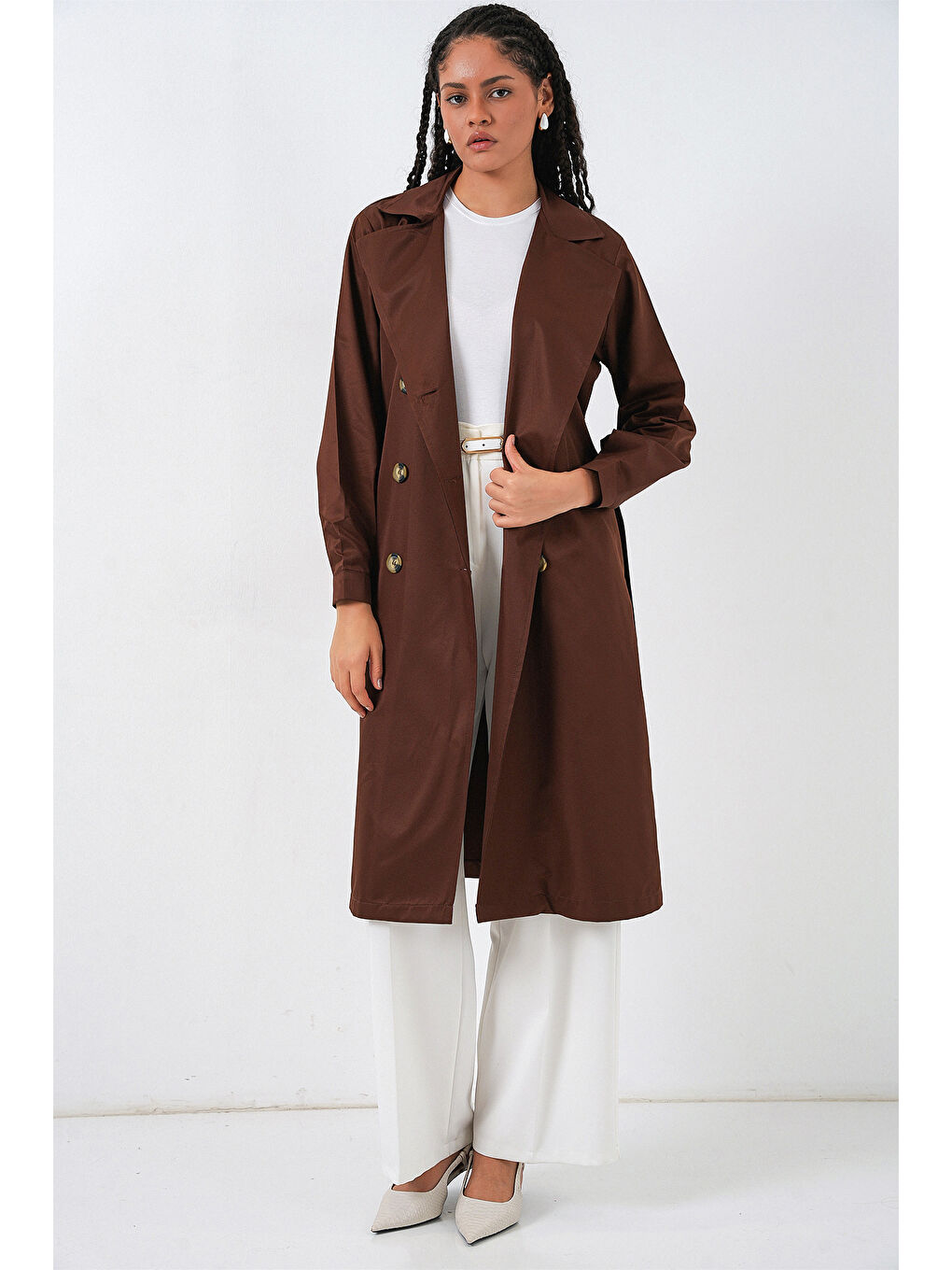 5853 Kruvaze Yaka Trençkot - Kahverengi-1