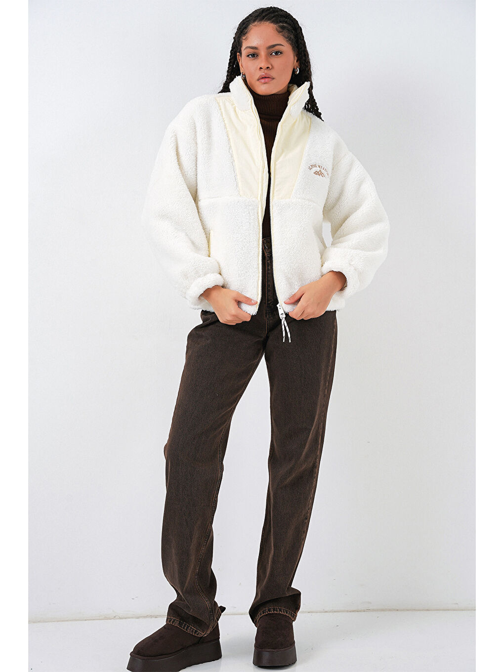 5194 Fermuarlı Pelüş Ceket   Ekru-1