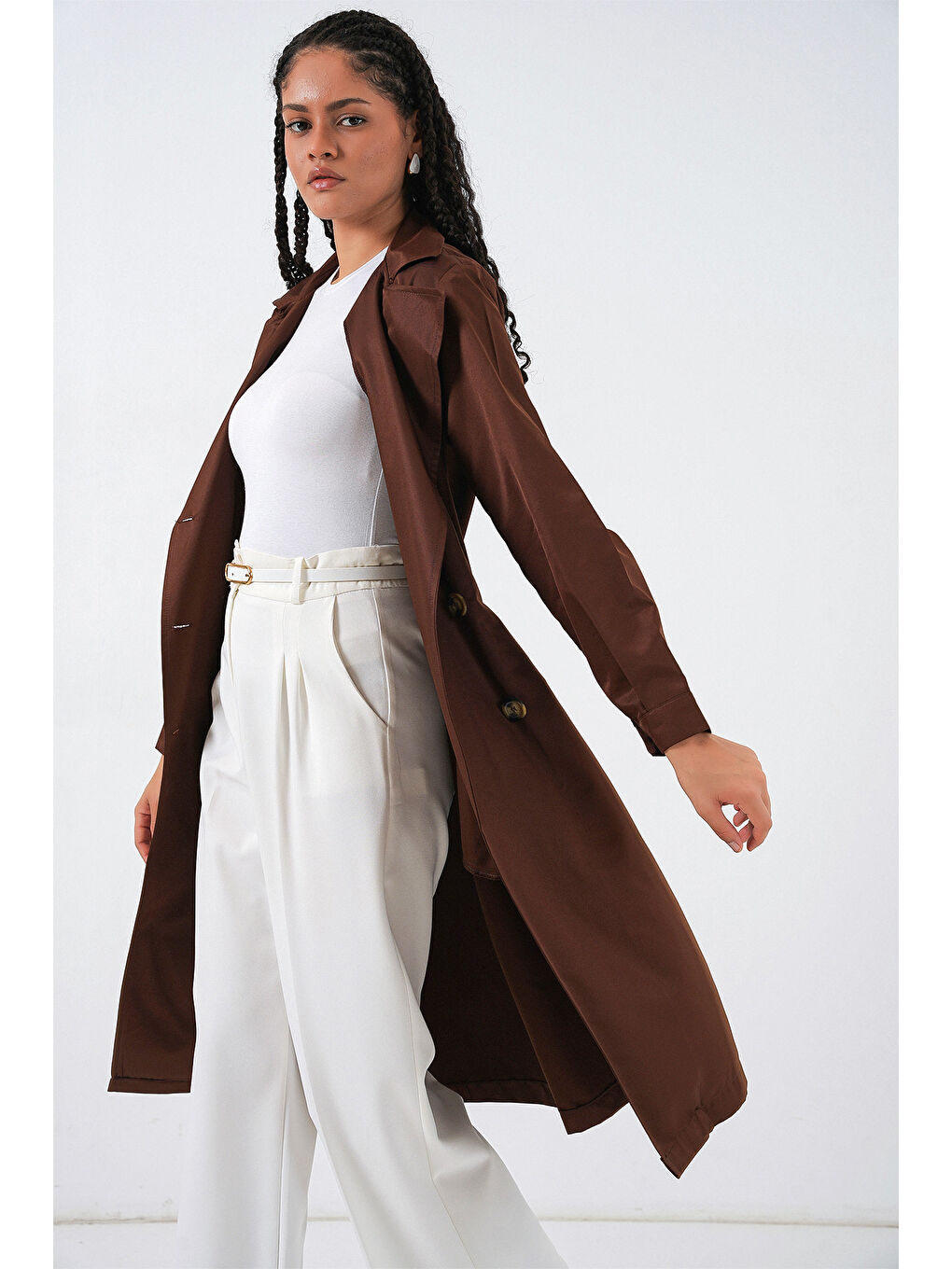 5853 Kruvaze Yaka Trençkot - Kahverengi-2