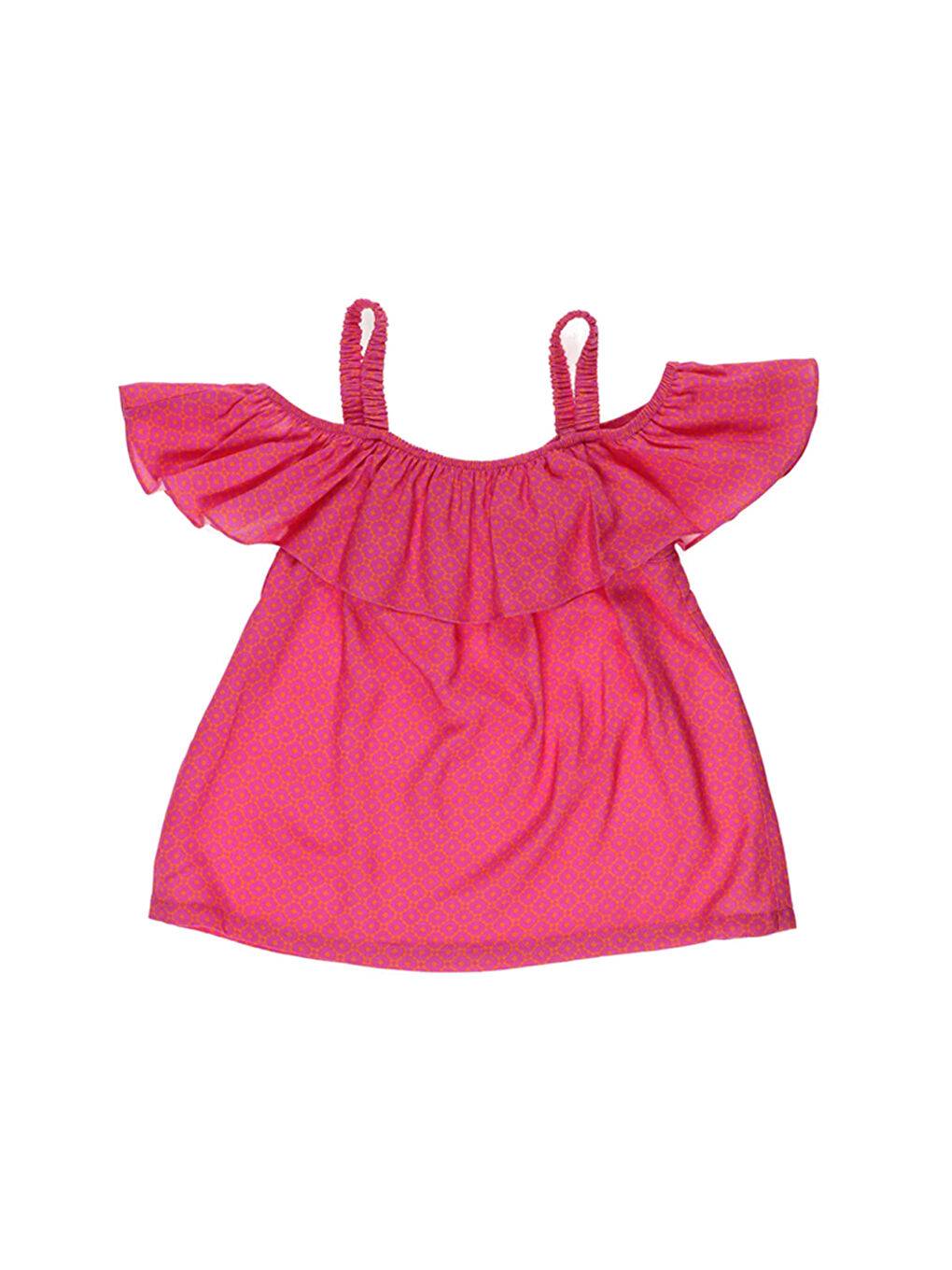 Kız Çocuk Kayık Yakalı Fırfır Detaylı Askılı Fuşya Bluz