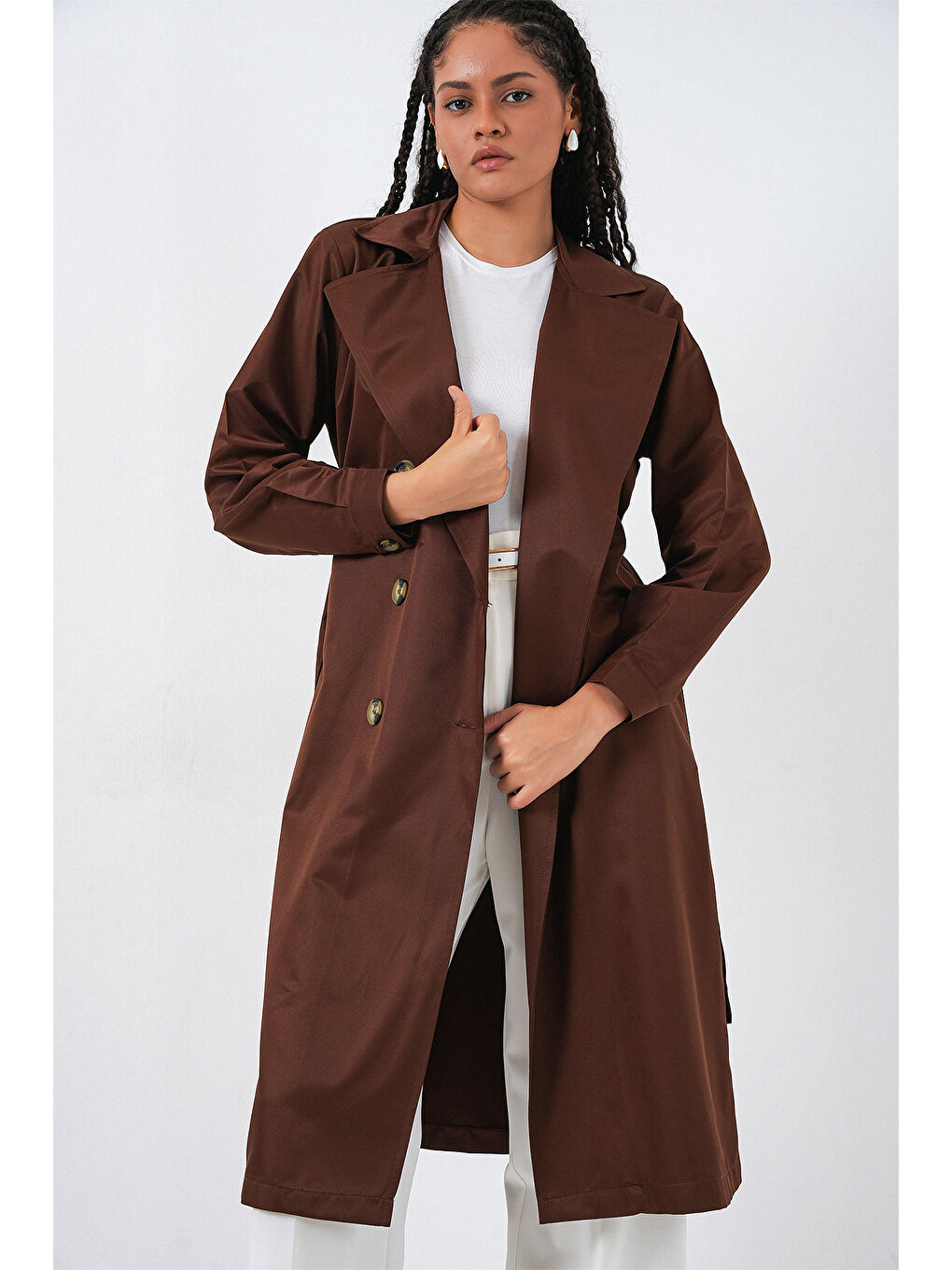 5853 Kruvaze Yaka Trençkot - Kahverengi-3