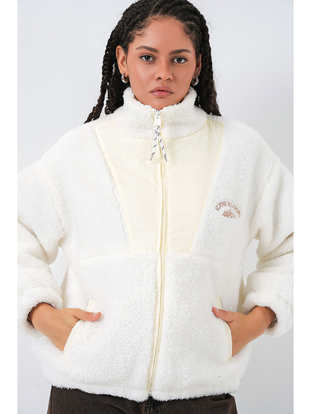 5194 Fermuarlı Pelüş Ceket   Ekru-3