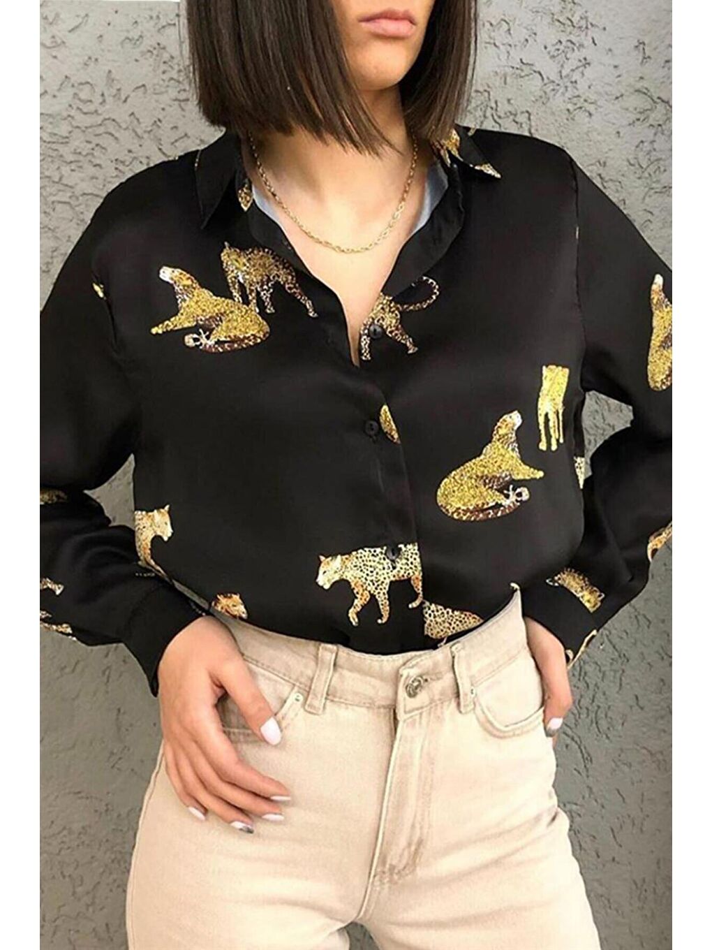 Madmext Leoparlı Siyah Saten Gömlek MG187 - 1