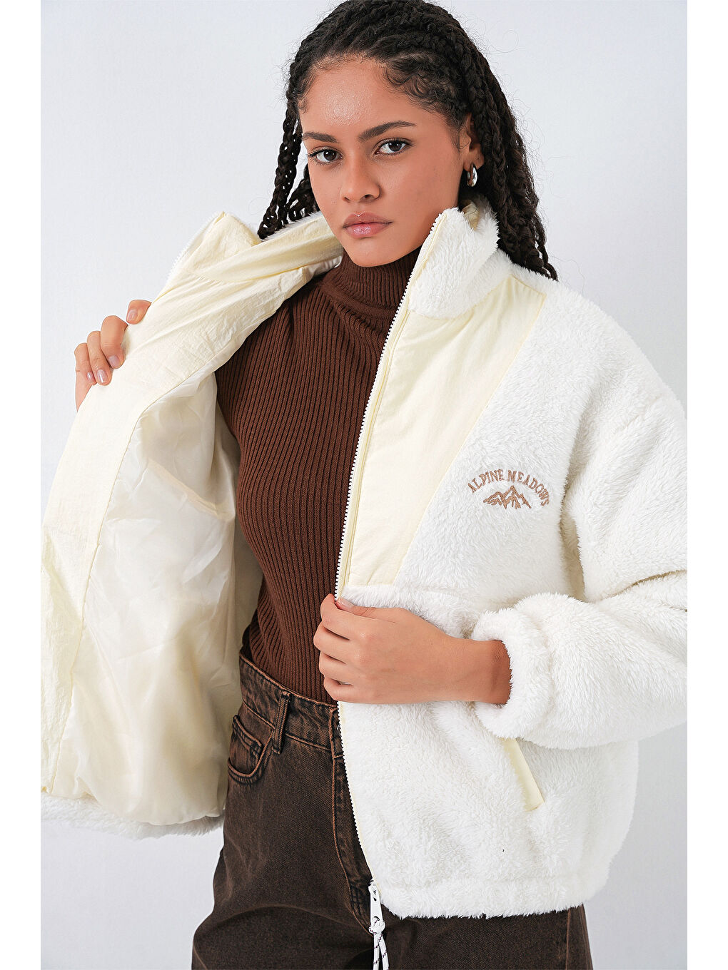 5194 Fermuarlı Pelüş Ceket   Ekru-5