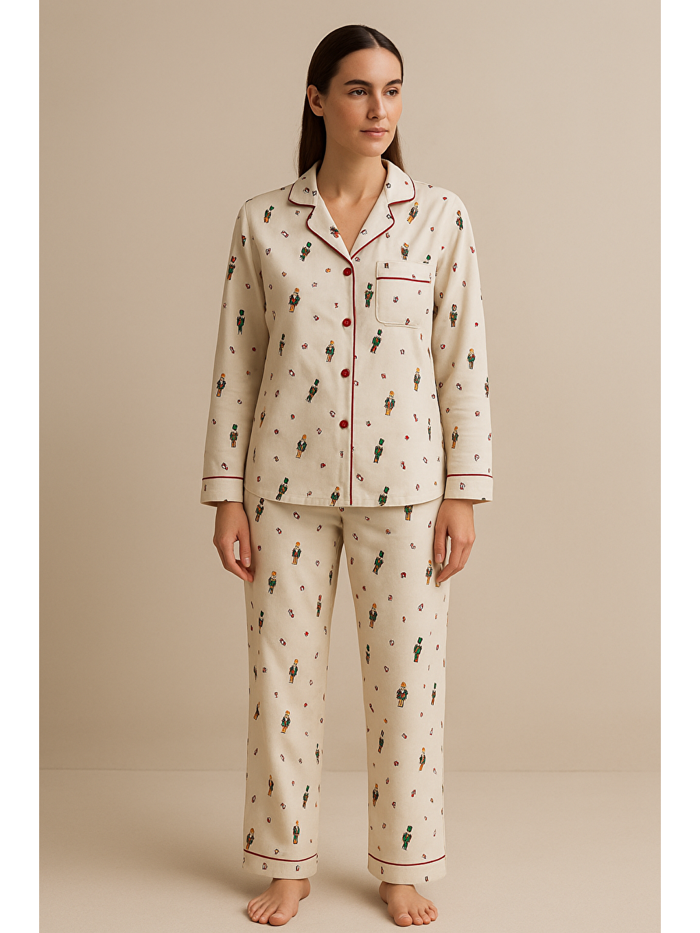 Kadın Yılbaşı Temalı Pijama Takımı Ekru