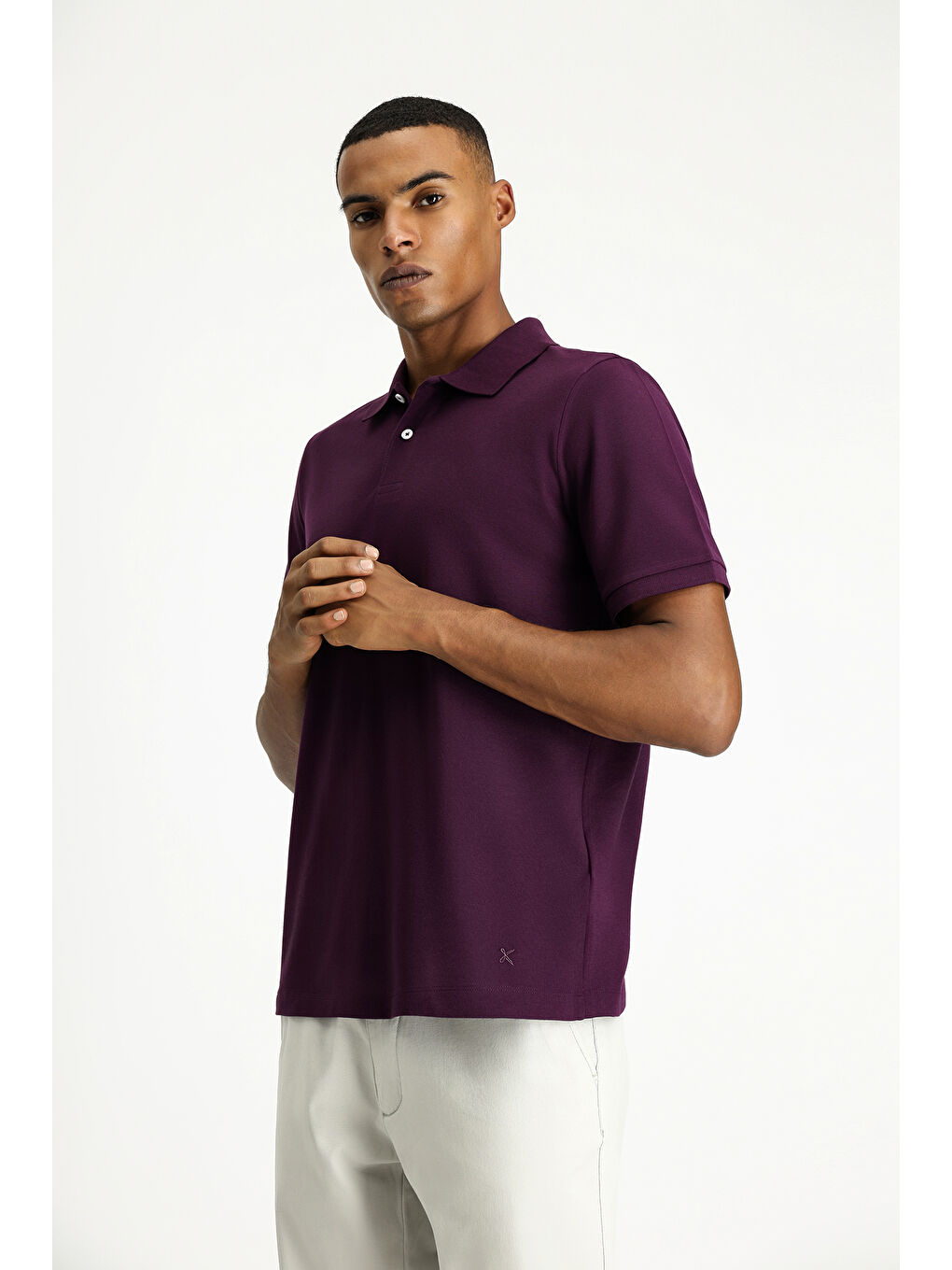 Mürdüm Polo Yaka Regular Fit Nakışlı Pamuk %100 Pamuk Tişört-4