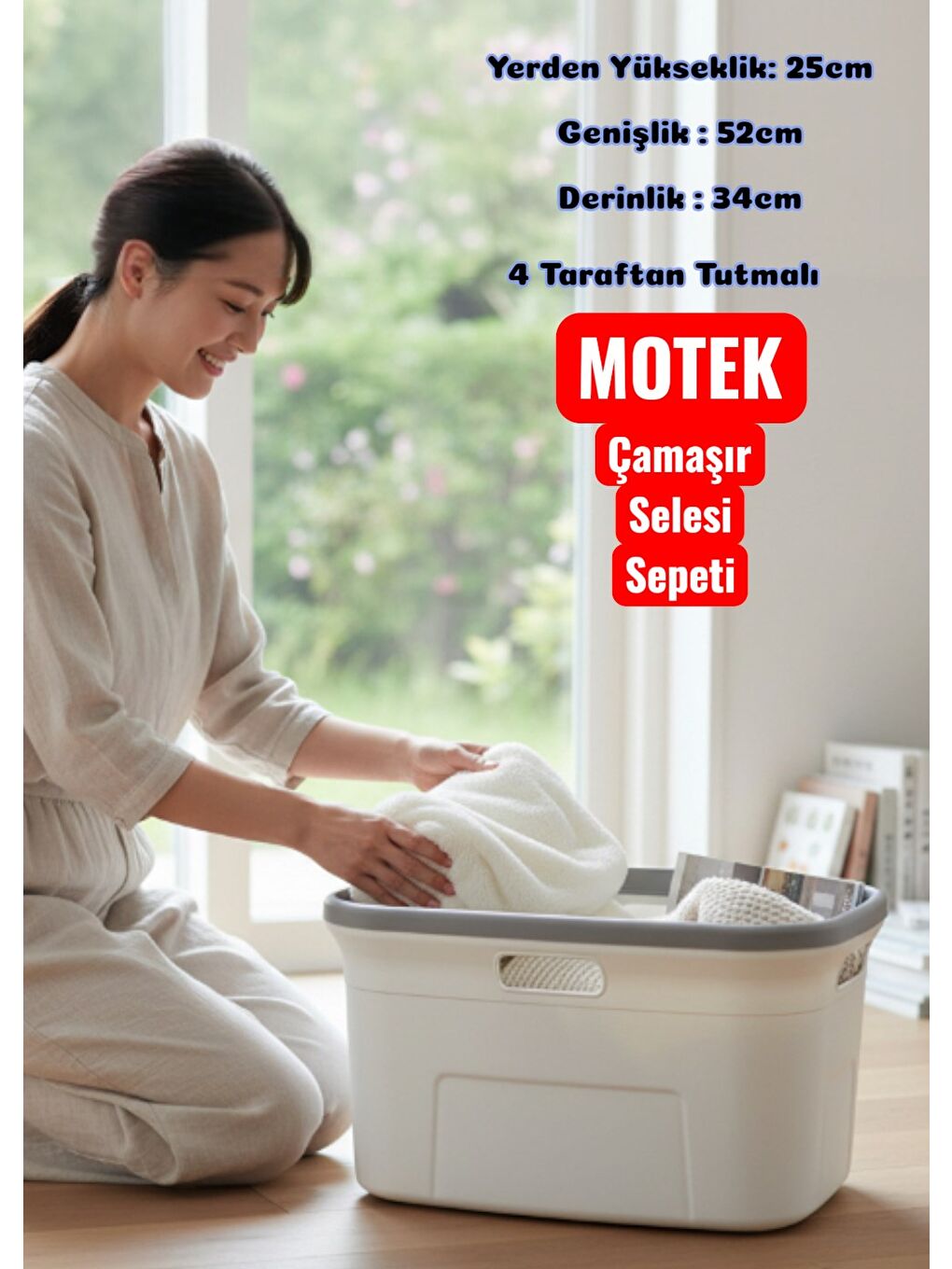 Motek 4 Taraflı Tutulabilen Çamaşır Sepeti Selesi Beyaz Gri-1