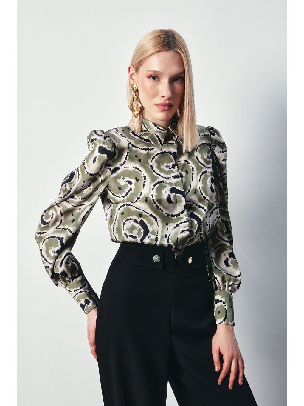 Balon Kol Desenli Gömlek - Yeşil