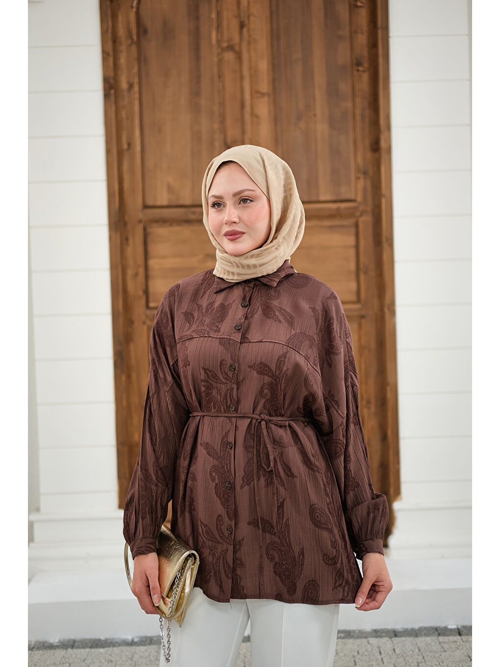 Kadın Yaprak Desen Bel Bağlamalı Gömlek Kahverengi-1