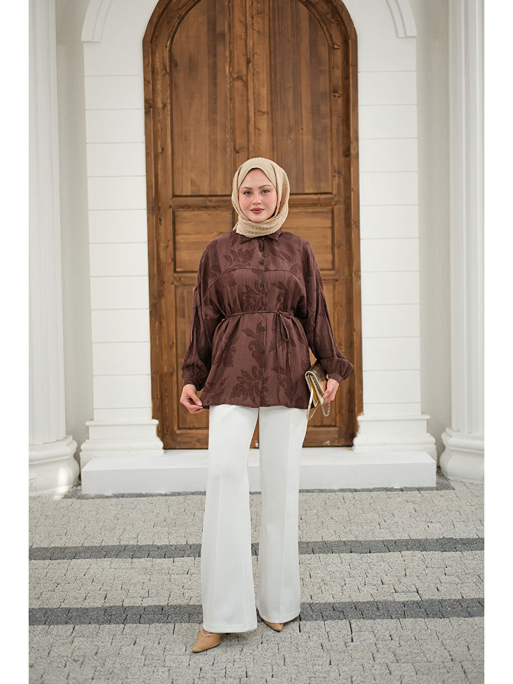 Kadın Yaprak Desen Bel Bağlamalı Gömlek Kahverengi-2