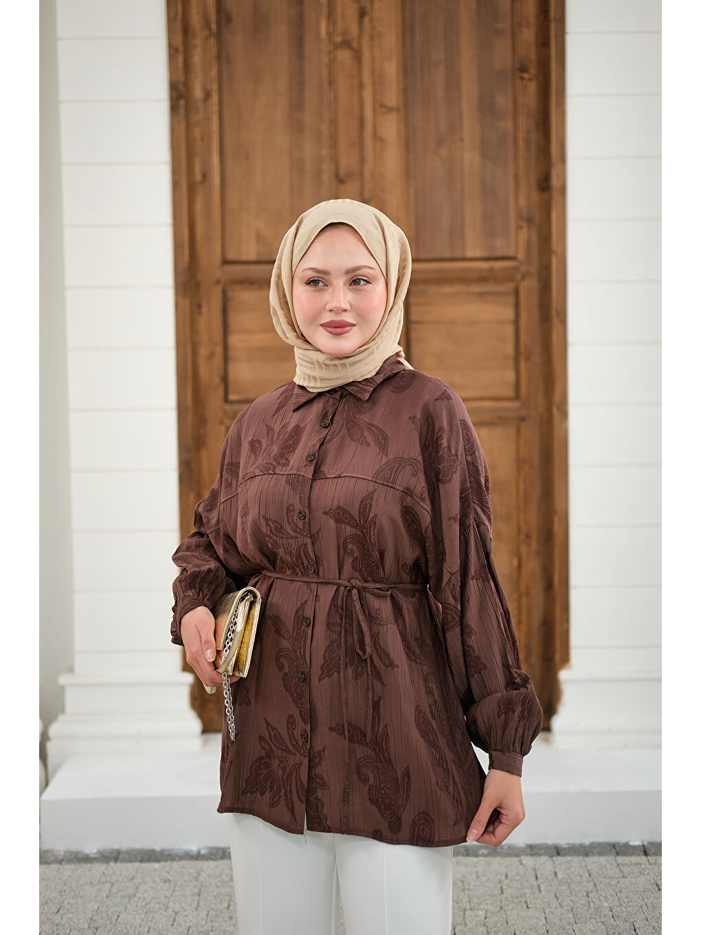 Kadın Yaprak Desen Bel Bağlamalı Gömlek Kahverengi-3