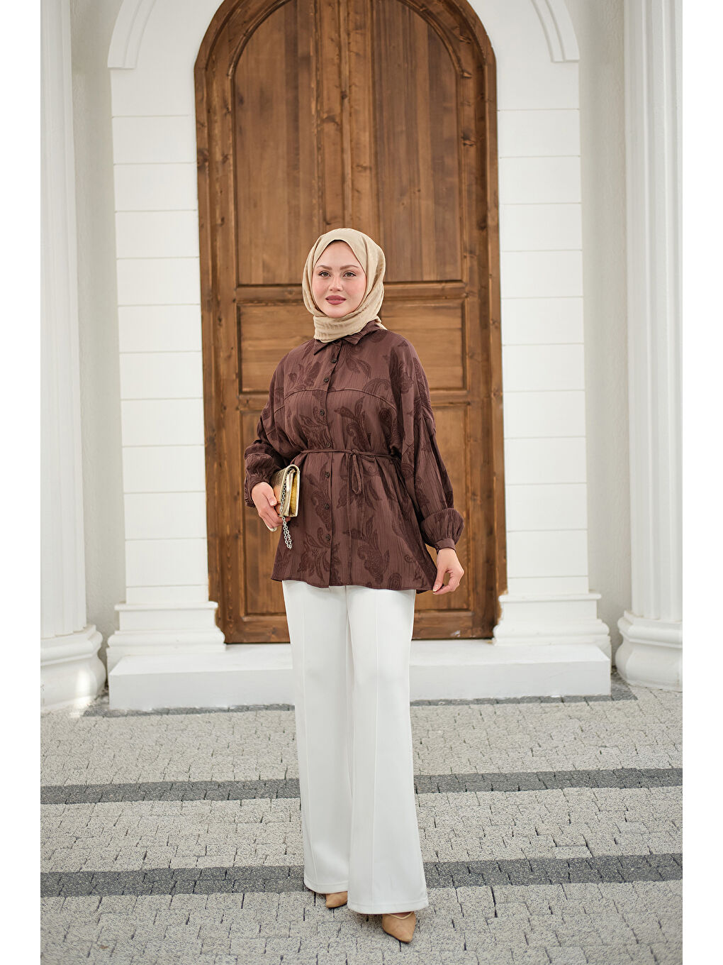 Kadın Yaprak Desen Bel Bağlamalı Gömlek Kahverengi-4