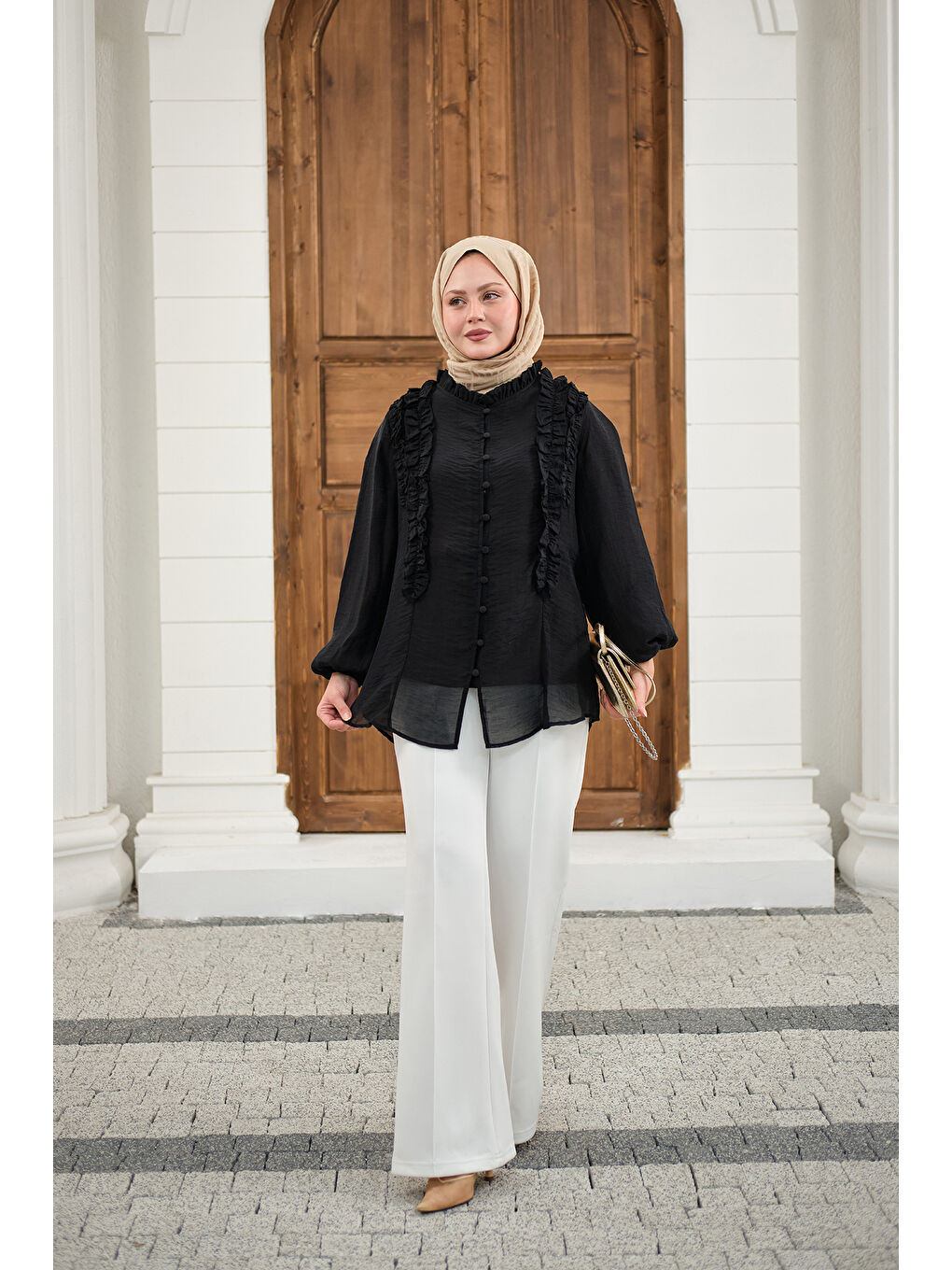 Kadın Yaka Büzgülü Gömlek Siyah-2